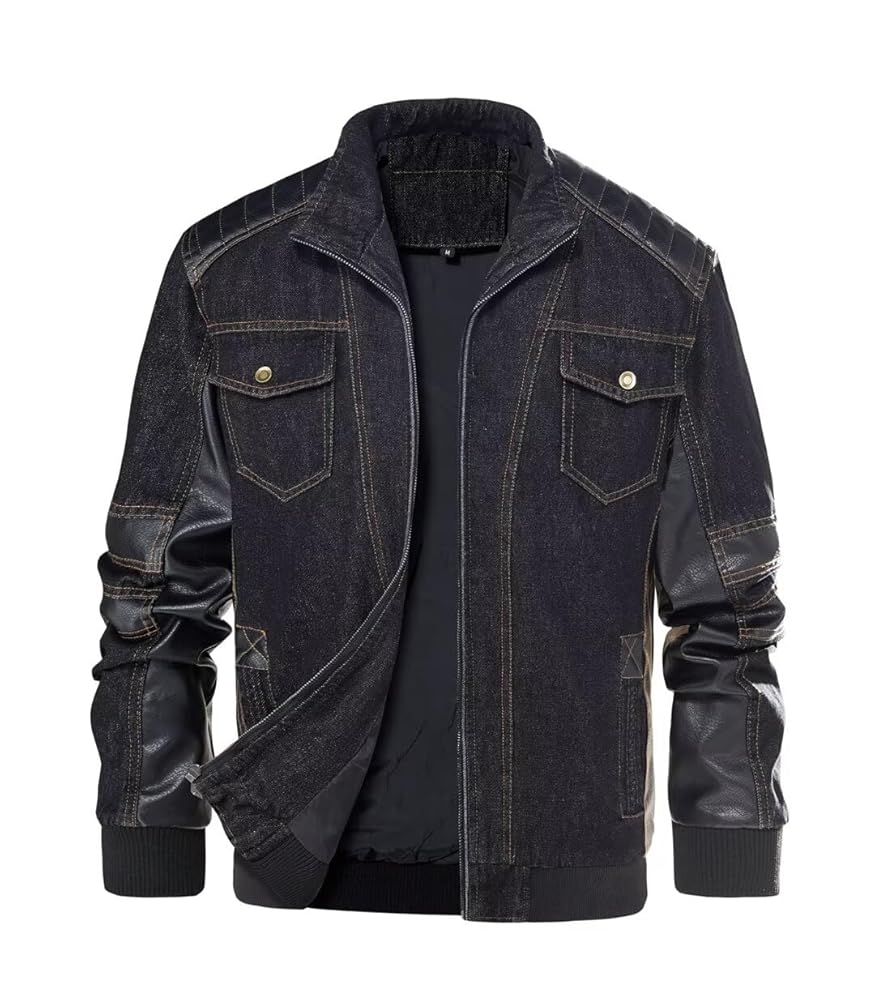 MTS CLOTHING ARTICLE#6314 Men’s Denim & PU Faux Leather Biker Jacket With Stand Collar Motorcycle Jean Jacket for Men