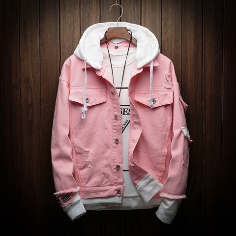 MTS CLOTHING ARTICLE#6383 Men Autumn Hooded Denim Jackets Pink Jean Coats Good Quality Men