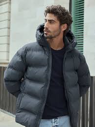 MTS CLOTHING ARTICLE#6370 Slate Grey Regular Length Shower Resistant Hooded Puffer Coat